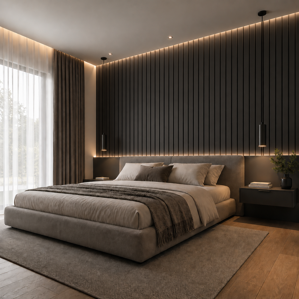 Acoustic Slat Wall Panels - Dark Oak 2400x600mm, 44mm Wide Slat