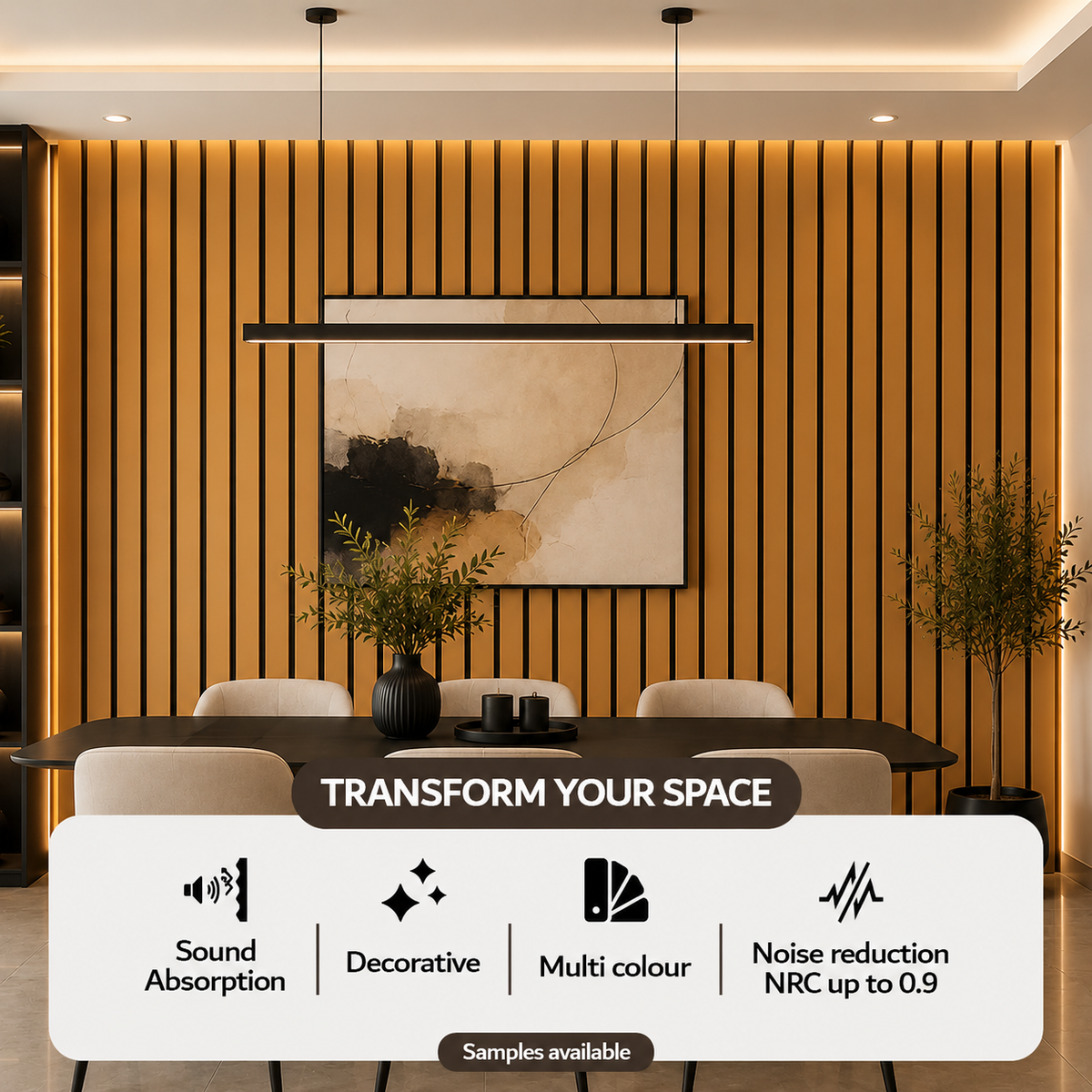 Acoustic Slat Wall Panels - Brass PVC (2400x600mm, 44mm Wide Slat)
