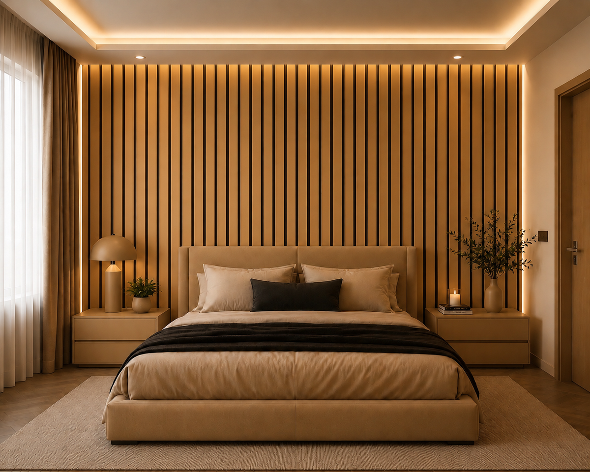 Acoustic Slat Wall Panels - Brass PVC (2400x600mm, 44mm Wide Slat)