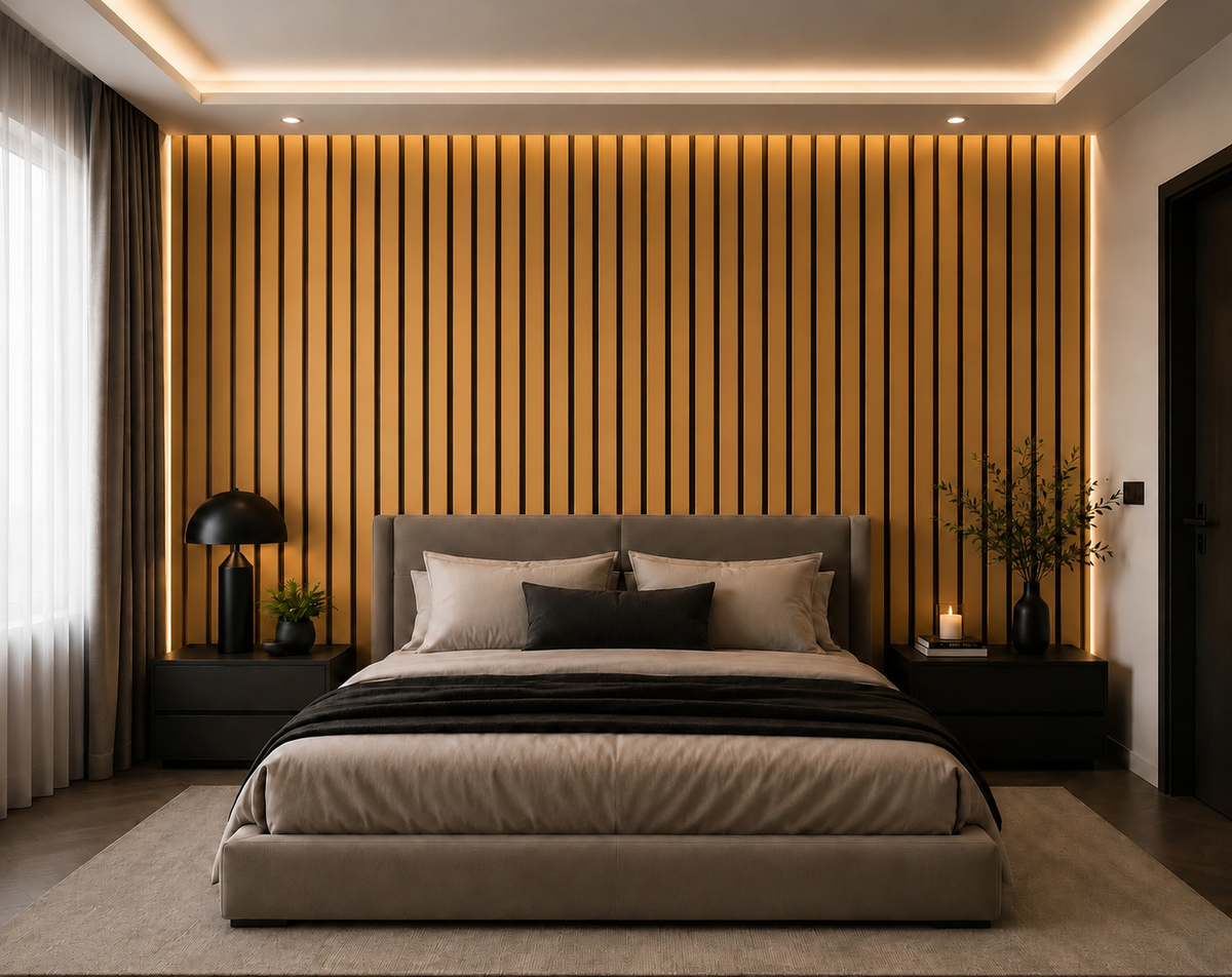 Acoustic Slat Wall Panels - Brass PVC (2400x600mm, 44mm Wide Slat)