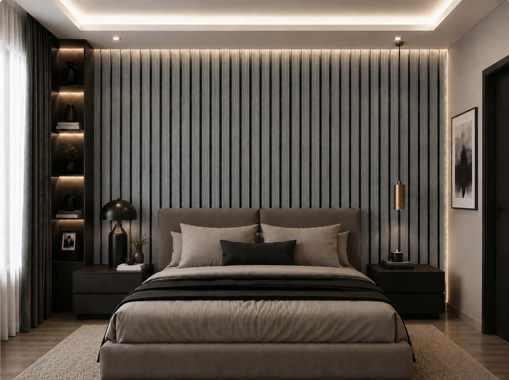 Acoustic Slat Wall Panels — Silver Walnut (2400×600mm, 44mm Wide Slat)