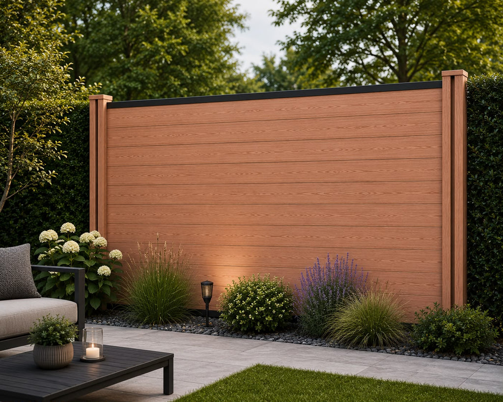 Composite Fencing Panel Set Dark Teak single panel view installed in garden with hydrangea planting and ambient lighting