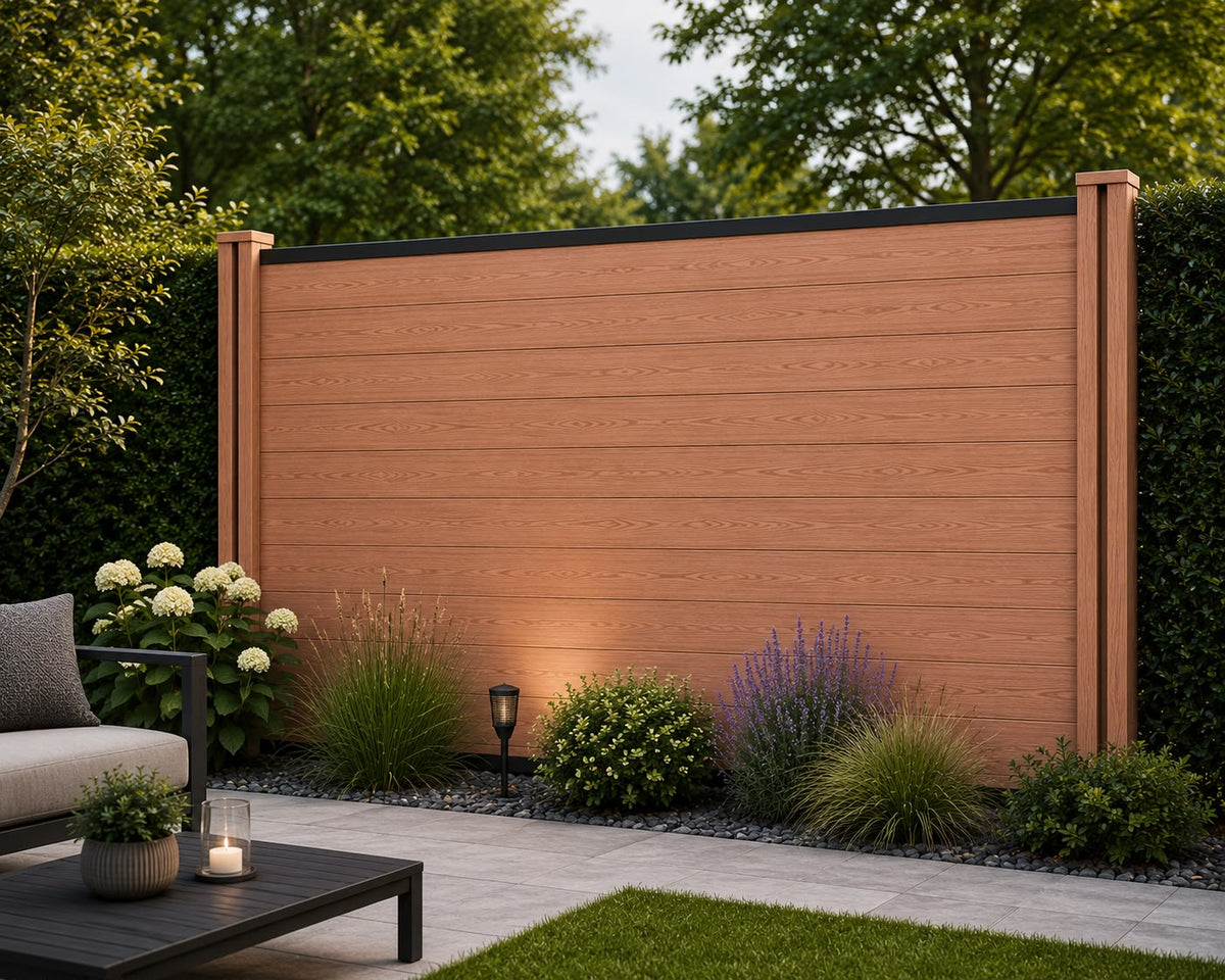 Composite Fencing Panel Set Dark Teak single panel view installed in garden with hydrangea planting and ambient lighting