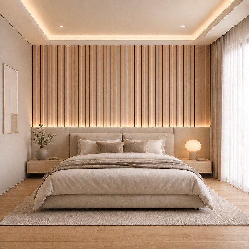 Acoustic Slat Wall Panels - White Oak (2400x600mm, 44mm Wide Slat)