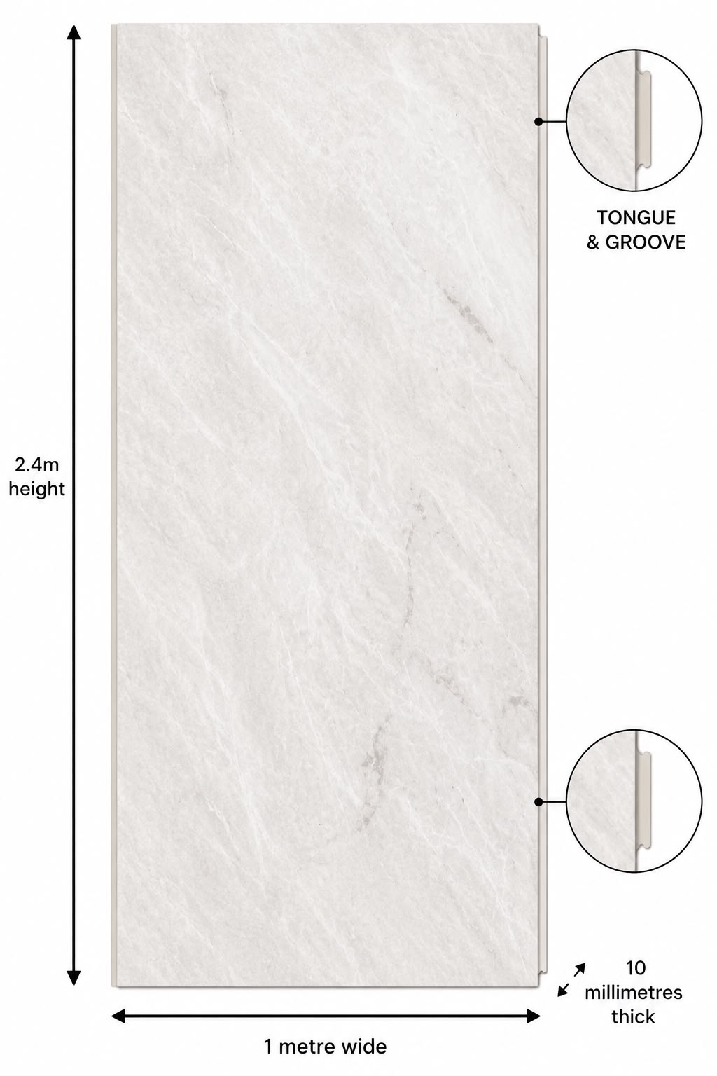 Light Grey Marble Gloss Shower Wall Panel | 2.4m x 1m | 10mm PVC Tongue & Groove