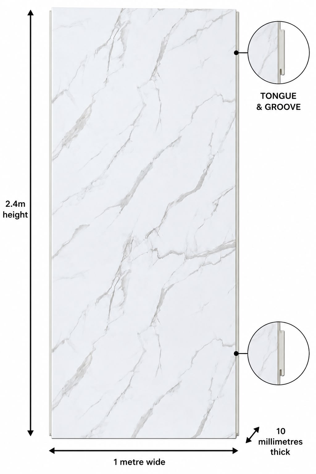 White Marble Gloss Shower Wall Panel | 2.4m x 1m | 10mm PVC Tongue & Groove