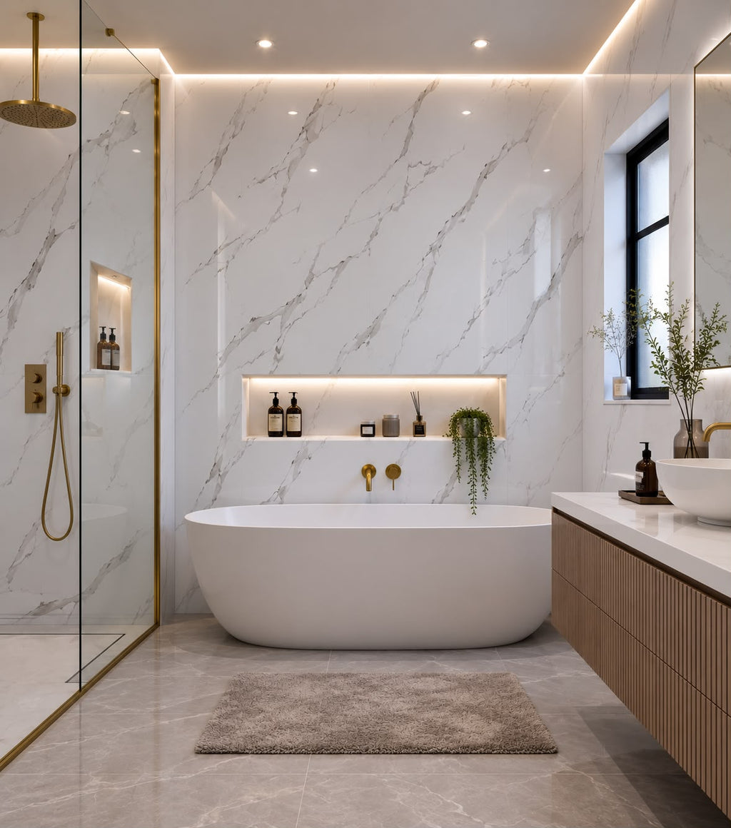 White Marble Gloss Shower Wall Panel | 2.4m x 1m | 10mm PVC Tongue & Groove