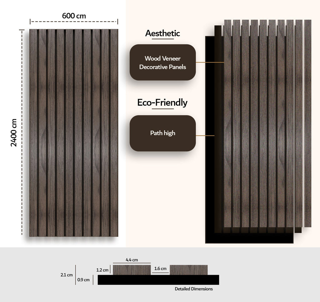 Acoustic Slat Wall Panels — Walnut (2400×600mm, 44mm Wide Slat)
