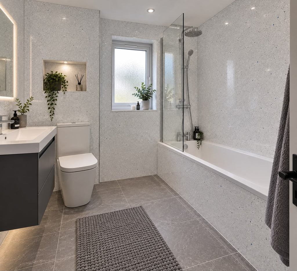 White Sparkle Shower Wall Panel | 2.4m x 1m | 10mm PVC Tongue and Groove