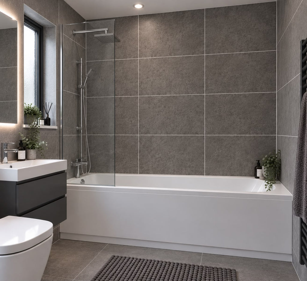 Dark Grey Marble Matt Tile Effect Shower Wall Panel | 2.4m x 60cm | 10mm PVC Tongue and Groove